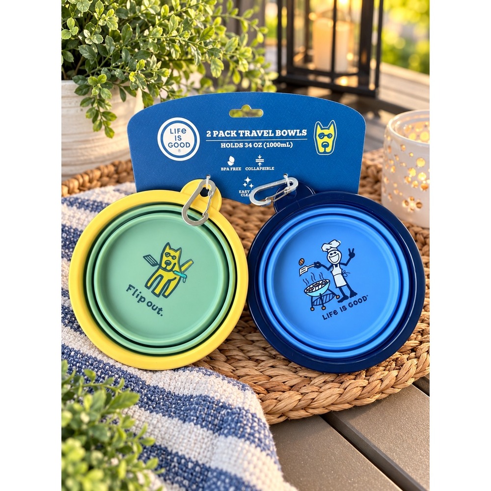 Life is Good 2 Pack Collapsible Travel Pet Bowls 34oz Silicone Blue Yellow NEW